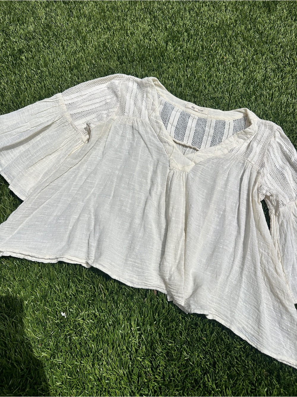 Rip Curl Boho Beachy Gauze Lace Yoke Bell Sleeve Blouse Top - Size S